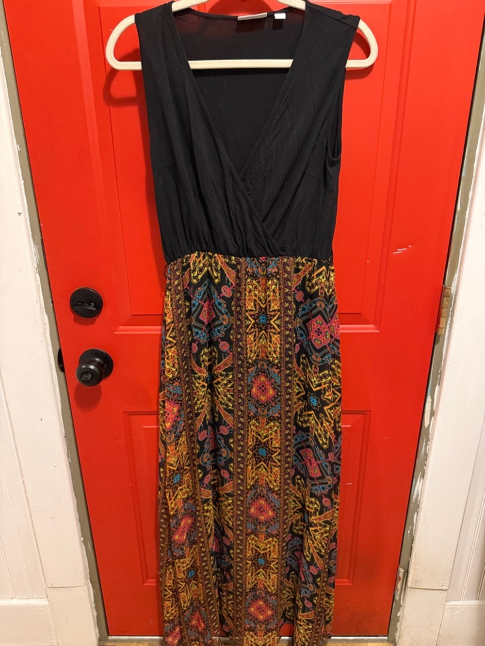 New York & Company Black Bodice Multicolor Patterned Maxi Dress